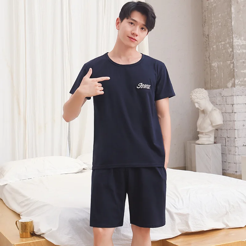 Men Pajamas Sleepwear O-Neck Striped Short Sleeve Shorts Loungewear Easy to Clean School Large Size 3xl Blue Pajamas 2PCS/Set