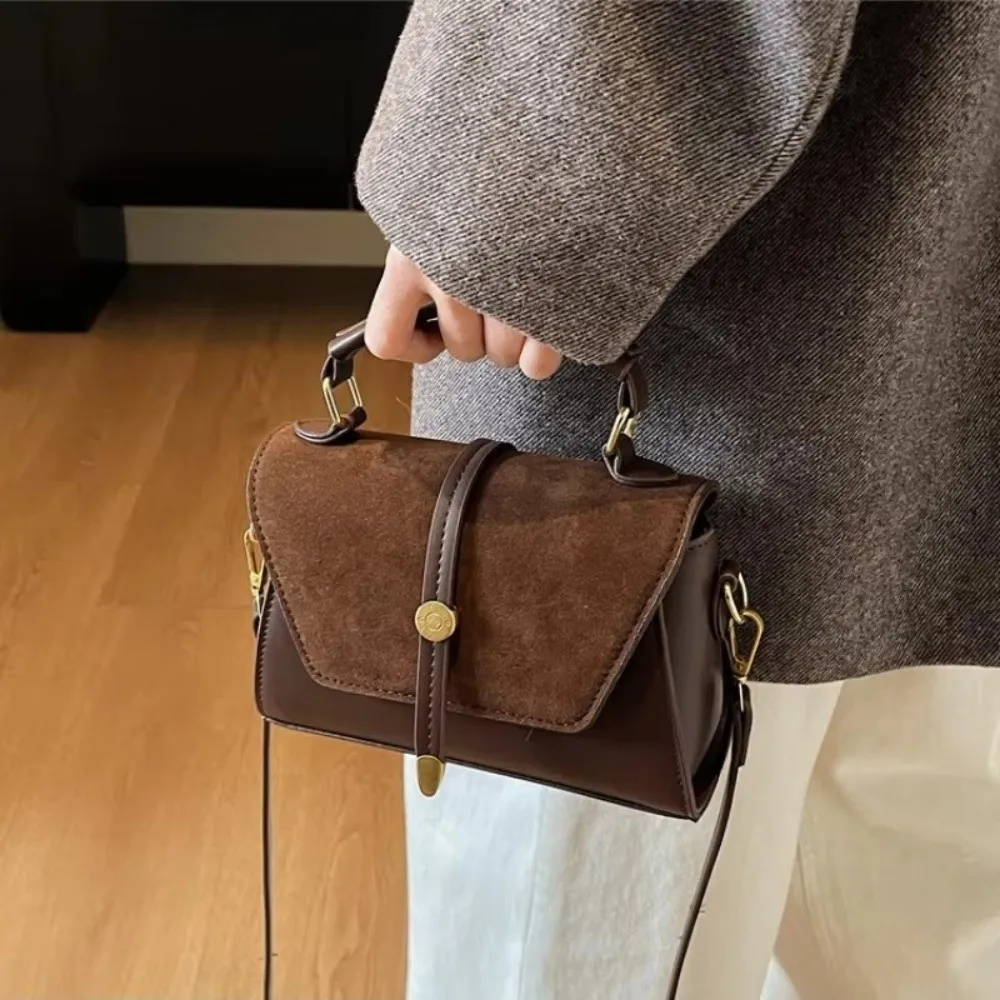 

Luxury Faux Suede Crossbody Bag Golden-Tone Hardware Flap Closure Boston Bag Adjustable Strap Shoulder Bag Women