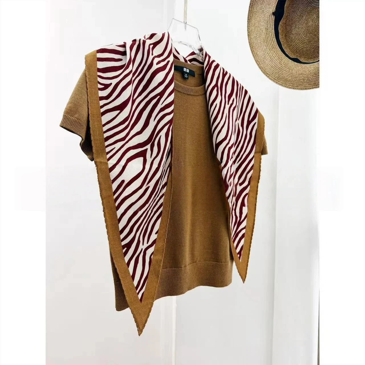 Women 100% Wool Burgundy Zebra Print Triangle Scarf Animal Stripe Bandana with Brown Border Soft Neck & Head Scarf Shawl