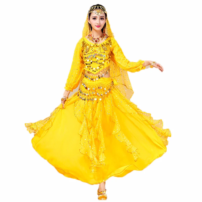 Costume di danza del ventre Bollywood Donna Indiano/Arabo Fasciatura di danza del ventre Top Gonna lucida Sciarpa per la testa Monete Abbigliamento da prestazione Vestito