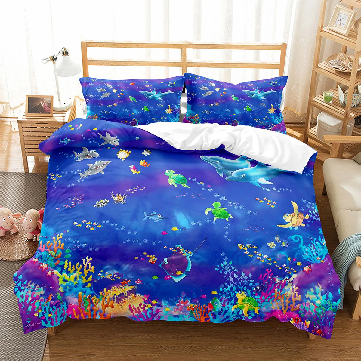 

The Underwater World Duvet Cover Set Fish Starfish Sea Animals Pattern Comforter Cover King Queen Size for Kids Bedding Set