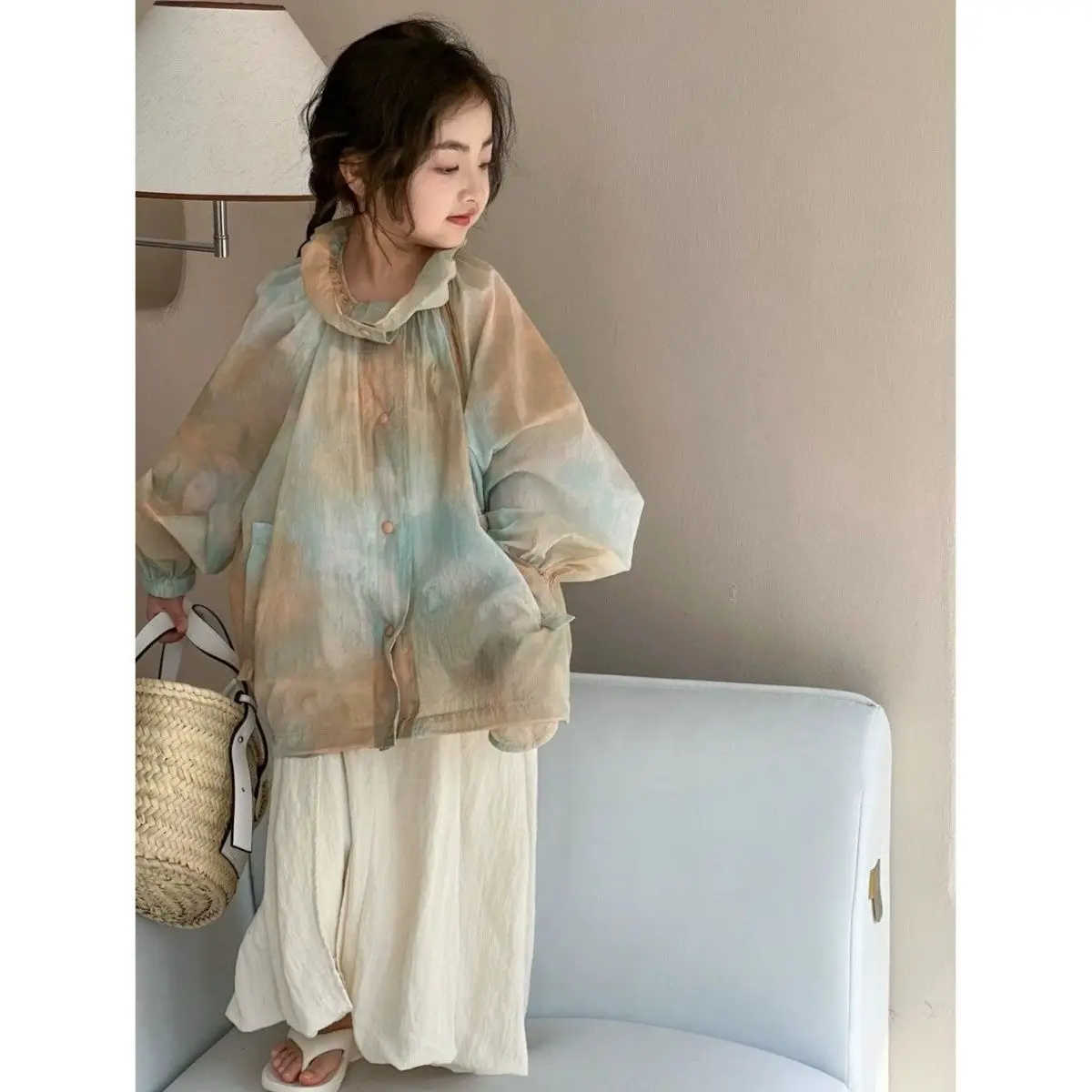 Children Sunscreen Clothes 2024 New Spring and Autumn Clothes Girls Summer Thin Coat Korean Tie-dye Gradual Change Top