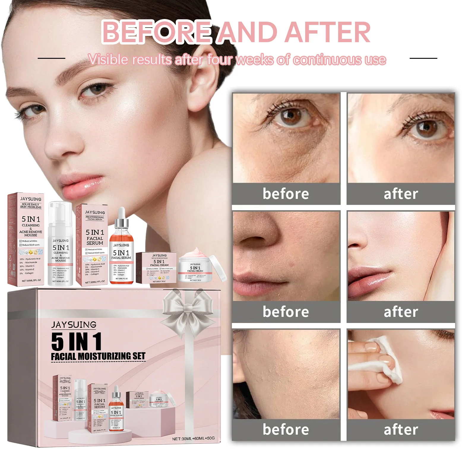 Facial Moisturizing Set Hydrate Brighten Firm Skin Acne Treatment Vitamin C Hyaluronic Acid Facial Serum Shrink Pores Skin Care
