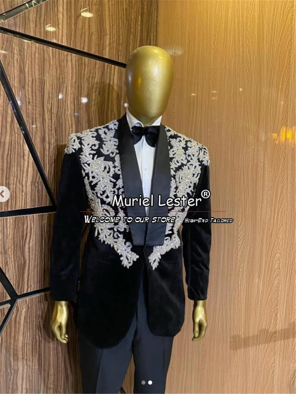 Luxury Wedding Suits For Men Slim Fit Black Velvet Beaded Appliques Blazer Pants 2 Pieces Formal Groom Tuxedos Evening Clothing