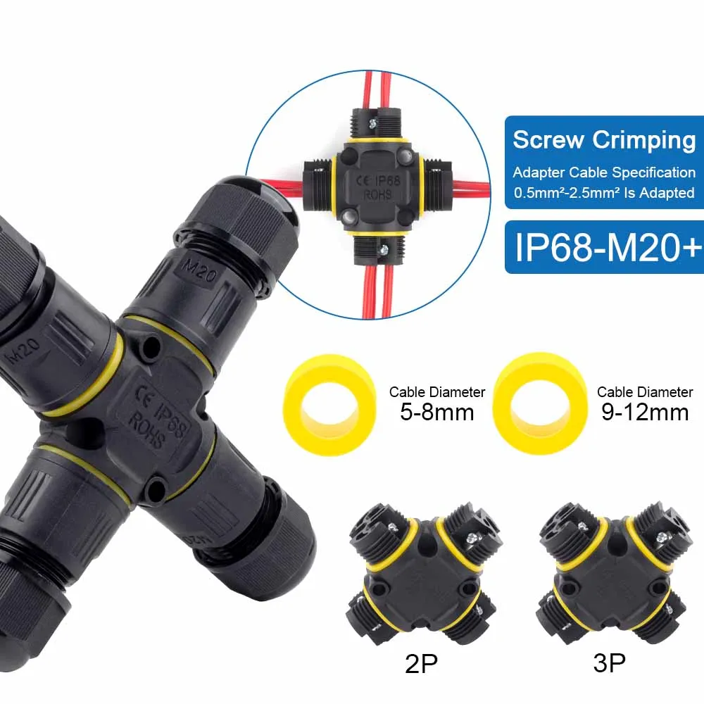 IP68 M20 Cross-Type Outdoor Waterproof Wire Connector 4-Way Screw Locking Terminal 2/3Pin Rainproof Junction Box for Electrical