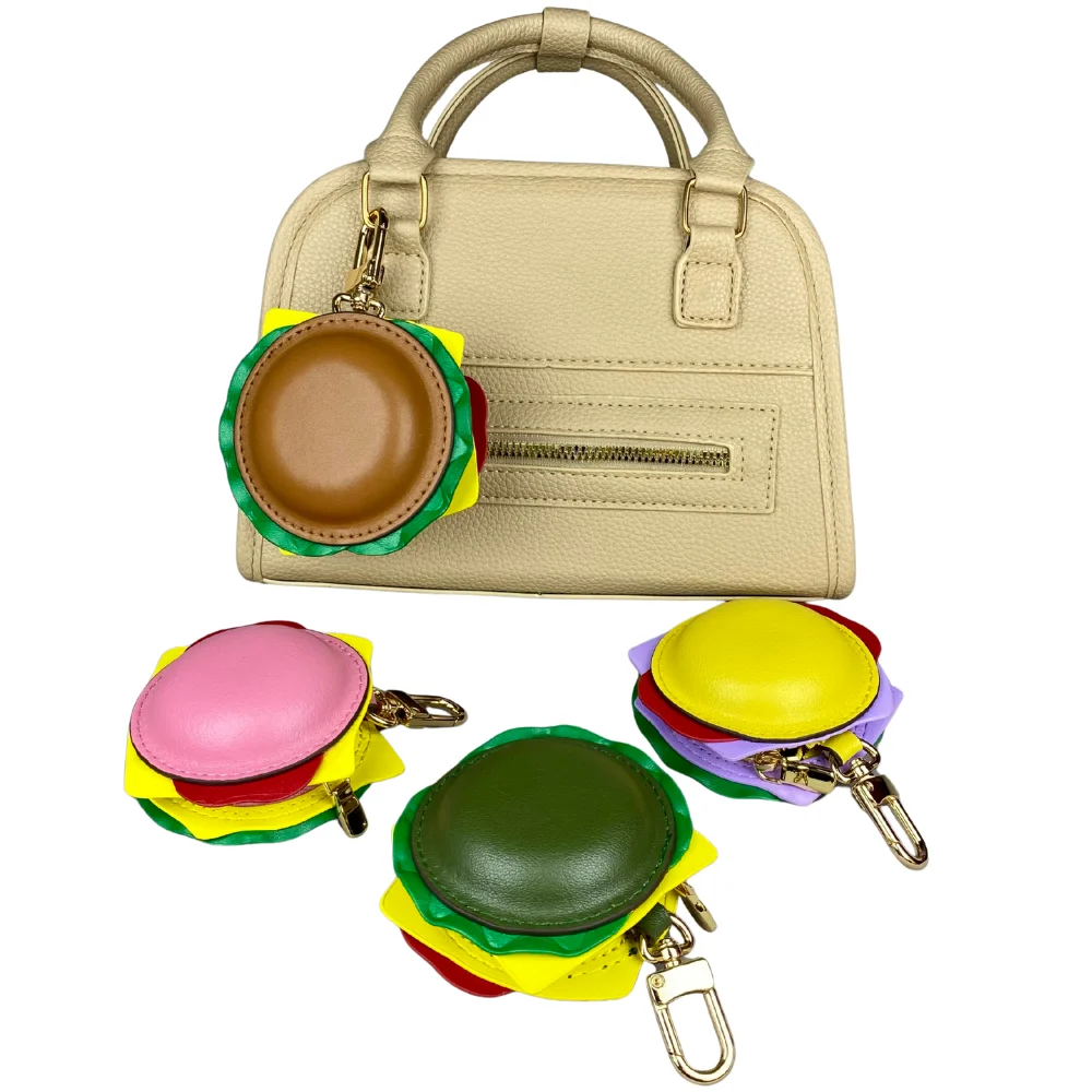 Llavero de cuero genuino hecho a mano con mini bolsa con cremallera para efectivo y artículos esenciales pequeños - Diseño de hamburguesa