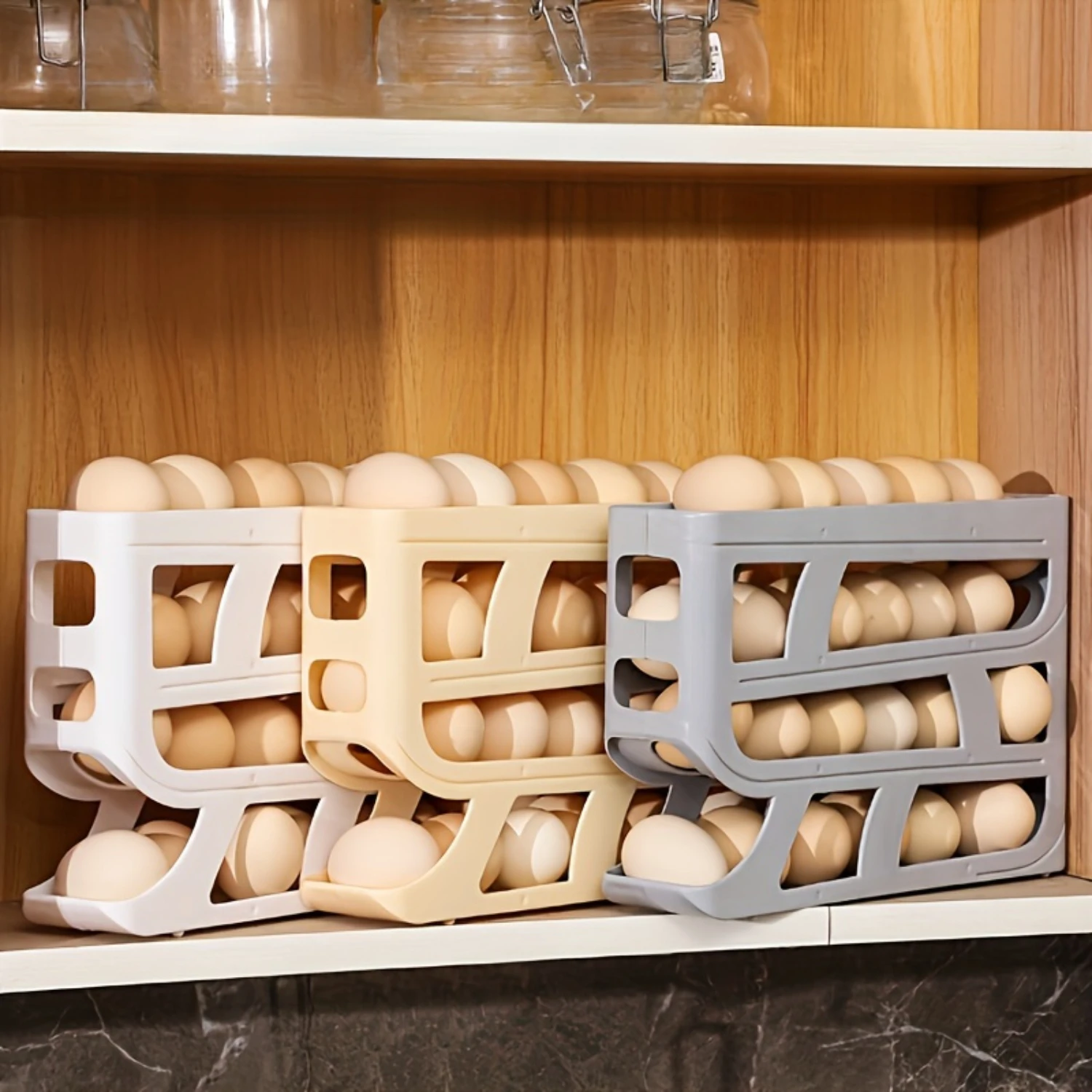 Modern Stackable Egg Holder with Automatic Roll Design – 4-Tier Polypropylene  Organizer for Refrigerator and Cabinet, Anti-Sh