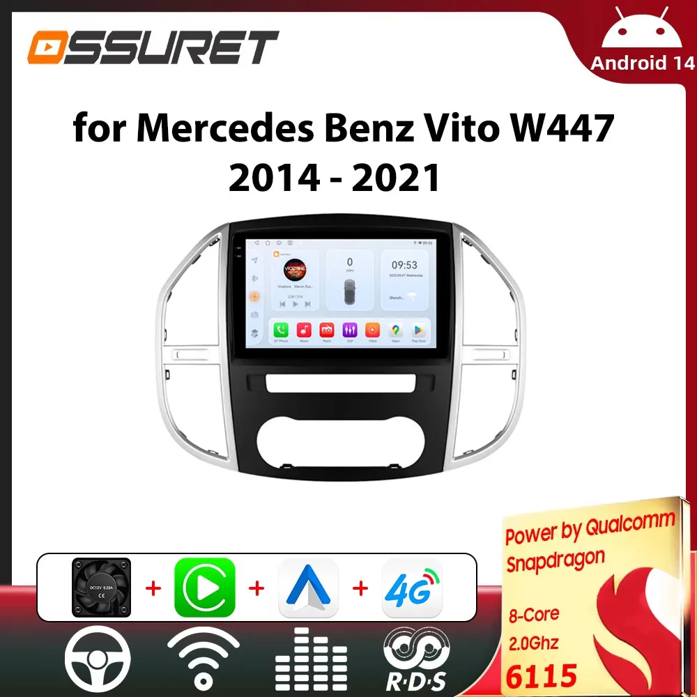 Écran Intelligent de voiture OSSURET pour Mercedes Benz Vito W447 2014 - 2021 Carplay GPS Navi 2 din DSP multimédia par Snapdragon 6115