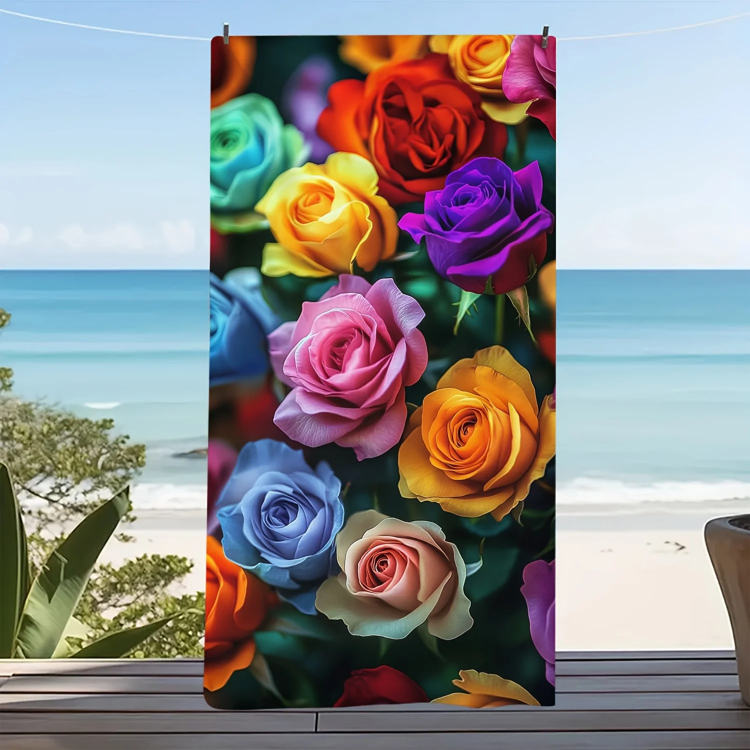 Vibrant Multi Color Rose Printed Beach Towel Large Microfiber Bath Towel Soft Beach Mat for Pool Ocean Travel