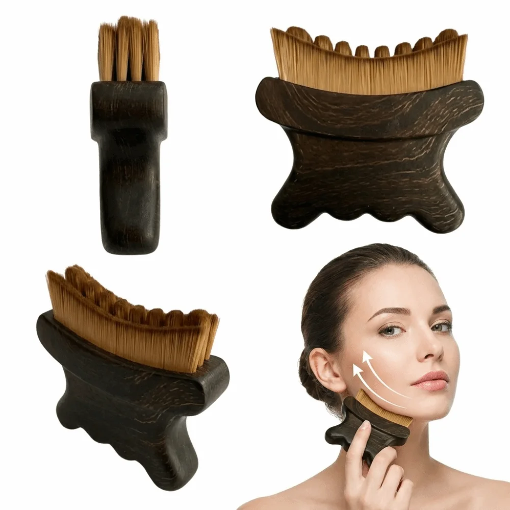 Ergonomic Shape Lymphatic Face Brush Curved Handle Storage Case Jawline Massage Brush Wood Grain Look Easy Hold