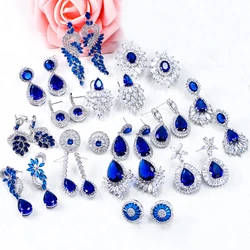 JMK Luxury Blue Crystal Cubic Zircon Stud Dangle Earrings For Women Bridal Wedding Silver Plated Party Accessories Jewelry