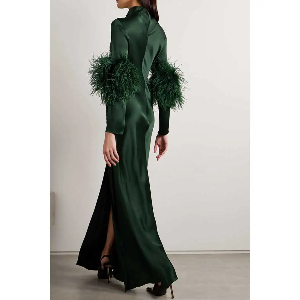 YUMDAI Luxurious Dubai Evening Gown Long Sleeve Feather Rhinestone Ball Gown 2024 Elegant Dark Green Satin Wedding Guest Dress