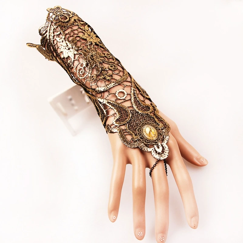 Gothic Lace Fingerless Glove Gold Gloves Steampunk Wristband Ring for Masquerade