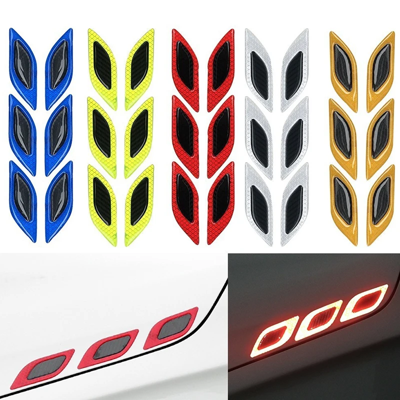 6pcs Car 3D Reflective Carbon Fiber Sticker Fashion Car Styling Reflective Strips Night Safety Warning Auto Exterior Accessories