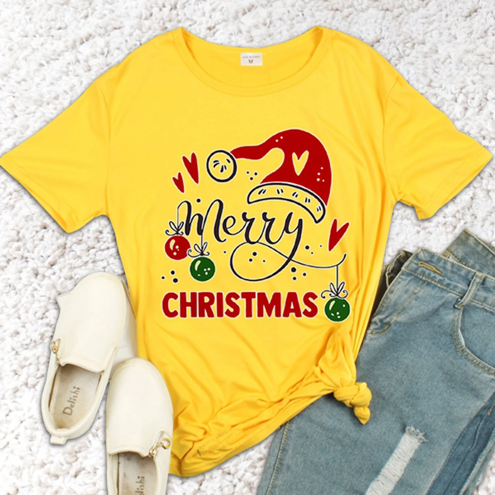 Christmas Holiday T-Shirt with Loose Fitting Festival Pattern for Wife Husband Friends Colleagues