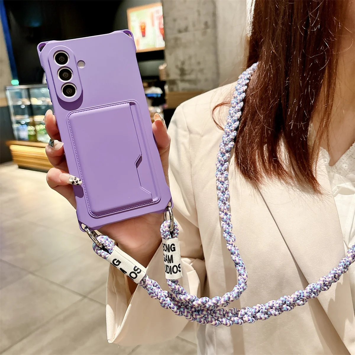 Etui na telefon Samsung Galaxy S25 S24 S23 S22 Ultra Plus z plecioną smyczą crossbody, portfel na karty, silikonowe etui