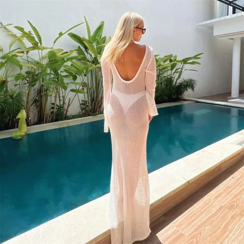 

Kintted Swimsuit Cover Up, Beach Bathing Suit, Sexy See Through, Long Sleeve, Backless, Maxi Summer Dress, Bikinis Cover-ups