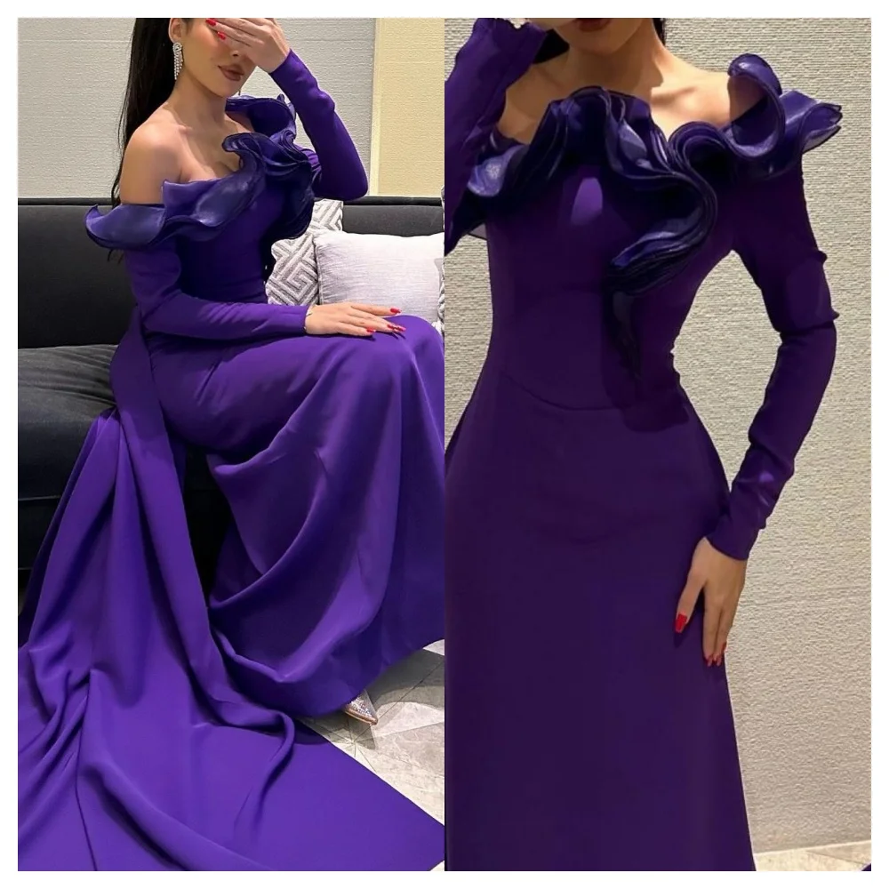 

customizedCustomized Exquisite Purple Jersey Evening Dress Delicate Boat Neck Off the Shoulder Long Sleeves Party Dress Formal P