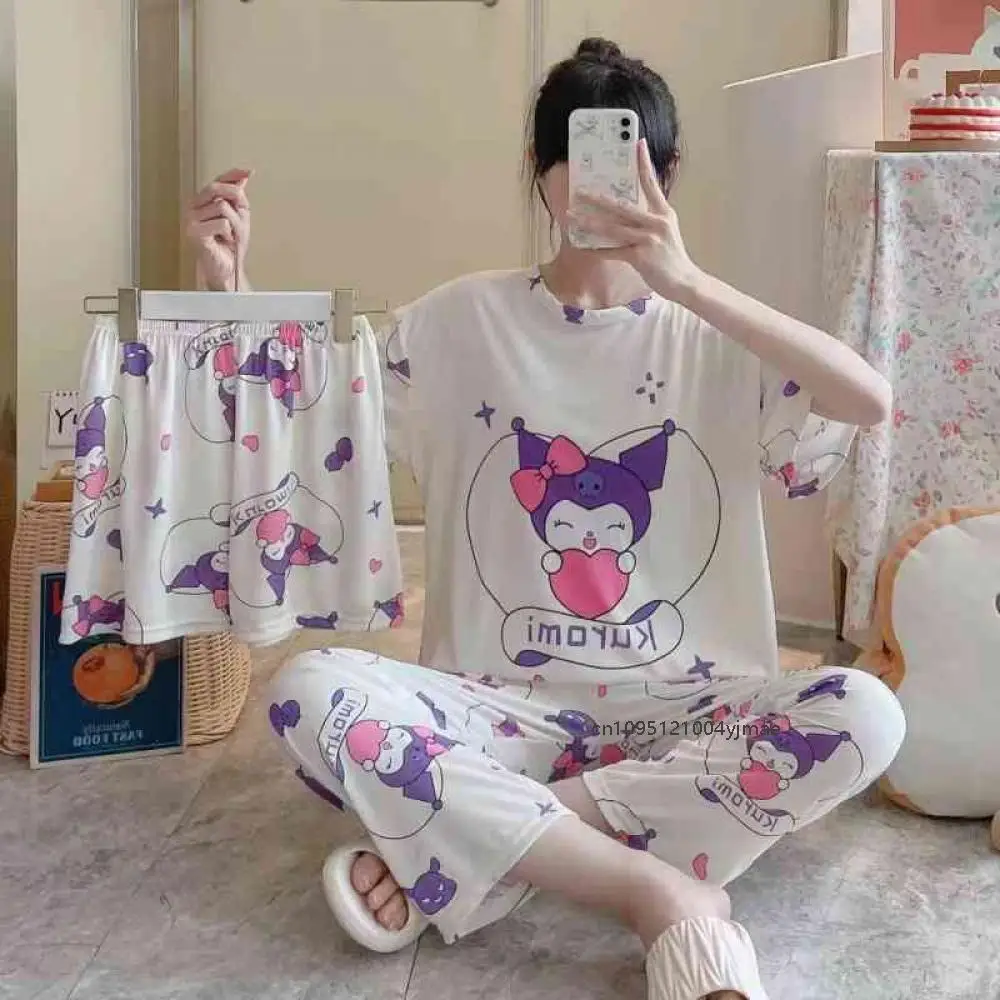 Kawaii 3Pcs Kuromi New Women's Pajamas Girls Summer T-Shirt Short Sleeve Pants Shorts Cartoon Stitch Cute Sleepwear Home Wear