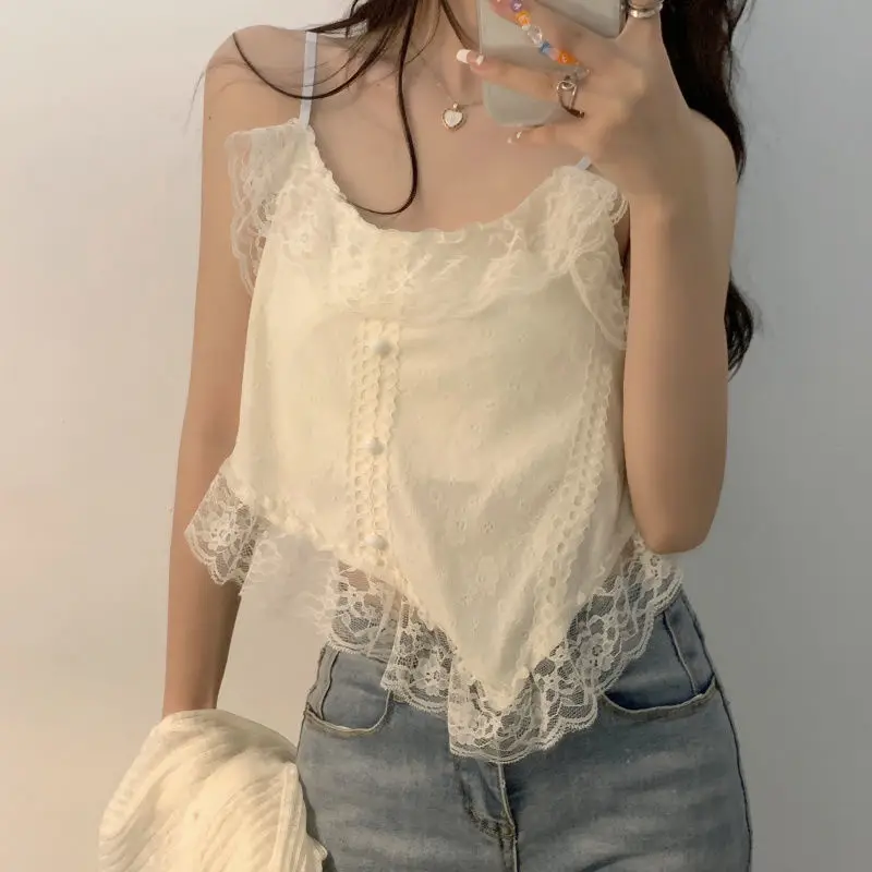 

Korea Camis for Women Irregular Korean Style Charming Fashion Patchwork Leisure All-match Female Sweet Summer Lace Designer Chic