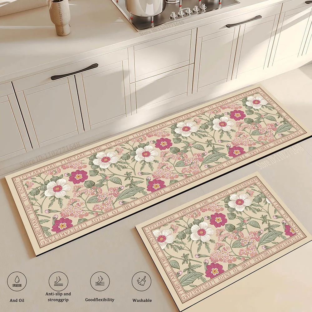 Saugfähige, rutschfeste, florale Vintage-Küche, lange Bodenmatte, hochwertiger, waschbarer Schlafzimmer-Eckteppich, Eingangs-Fußmatte, wasserdichter Teppich – Detail 9