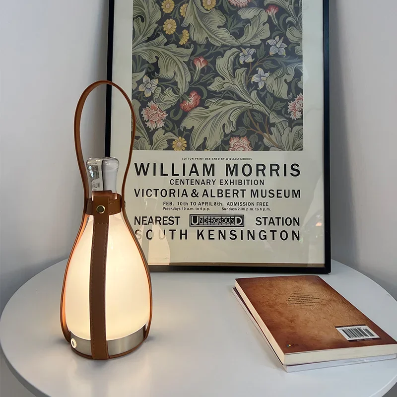 Nordic Atmosphere Creative Glass Bottle LED Table Lamp Leather Bedroom Bedside Bar Portable Outdoor Camping Light Charging Art