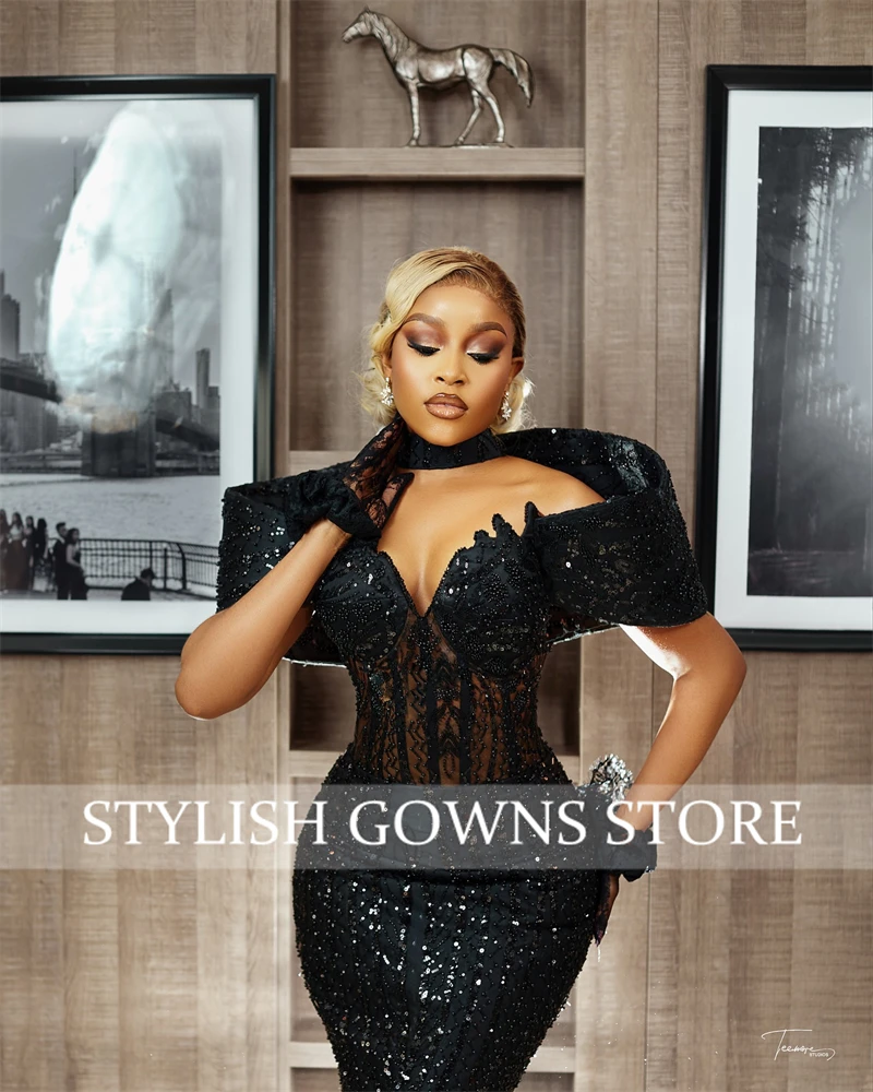 Aso Ebi สีดําชุดราตรีประดับด้วยเลื่อมรับจัดงานแต่งงานชุด Ruffles ชุดวันเกิดที่ถอดออกได้ Vestidos De Noche ที่กําหนดเอง