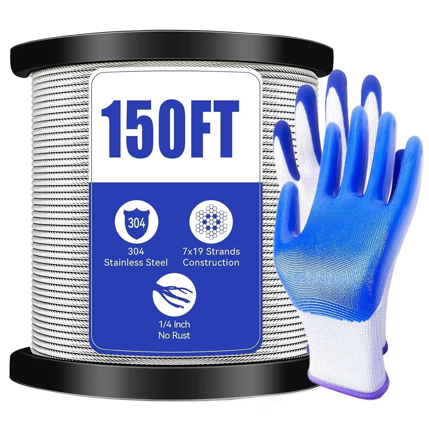 KAIWEI 304 Stainless Steel Aircraft Cable 7x19 Strand Heavy Duty Wire Rope for Outdoor Pulley Deck Railing Includes Gloves