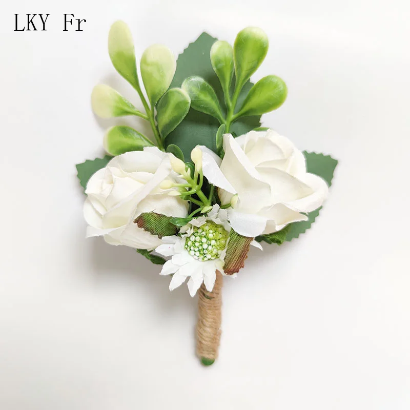 Witte Boutonniere Bruiloft Accessoires Bruidsmeisje Pols Corsage Armbanden Zijde Rozen Kunstbloemen Huwelijk Bruidegom Knoopsgat