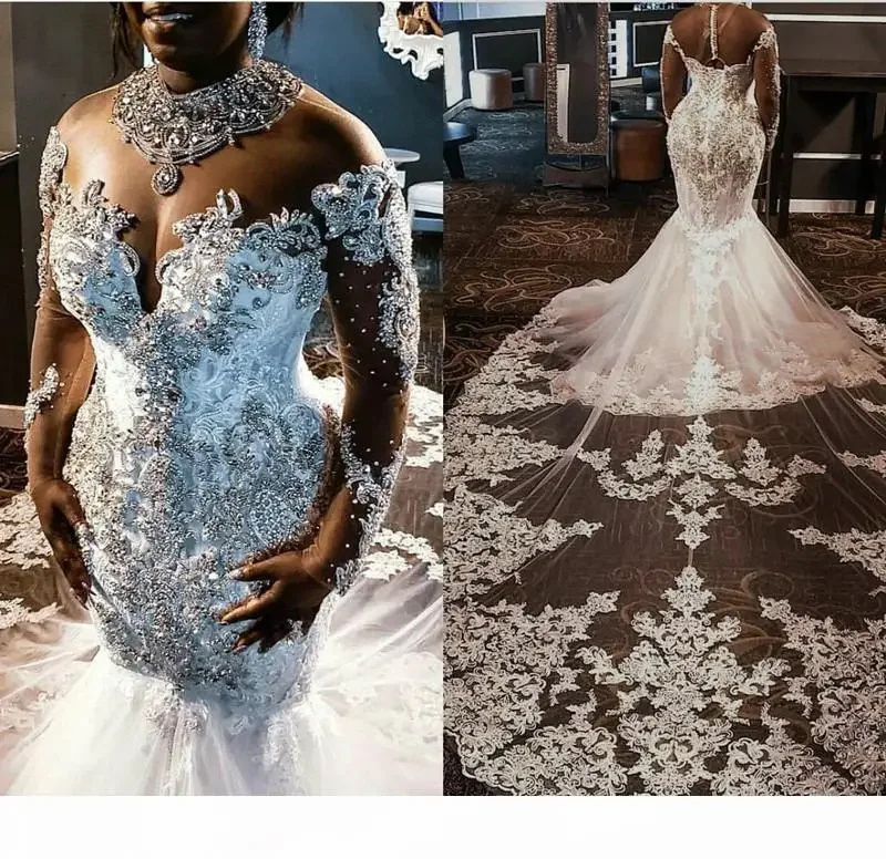 

Customized Lace Mermaid Wedding Dresses Tulle Applique Beaded Crystals Long Sleeves Bridal Gowns Detachable Train