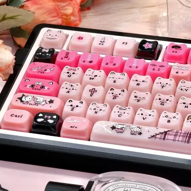 

MAIMOOO Pink Cat Keycaps Jelly Texture Pc Material Suitable For Aula F75 F87 F99 Keyboard Translucent MAO Cute Keycap