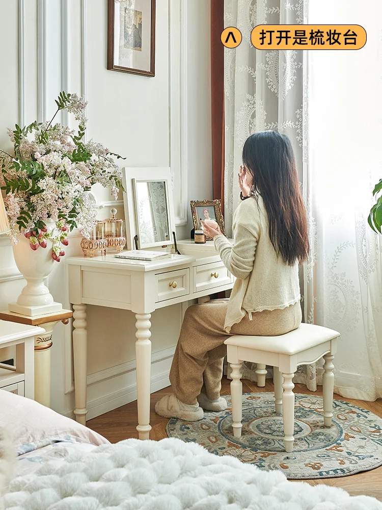 LTT White Cream Wind All Solid Wood Dresser Bedroom Small Flip Makeup Table Desk Integrated