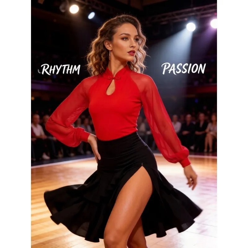 

Women Plus Size S-3XL Red Latin Dance Top Long Sleeve Mesh Bodysuit Modern Ballroom Tango Practice Leotard Dancewear Stretch