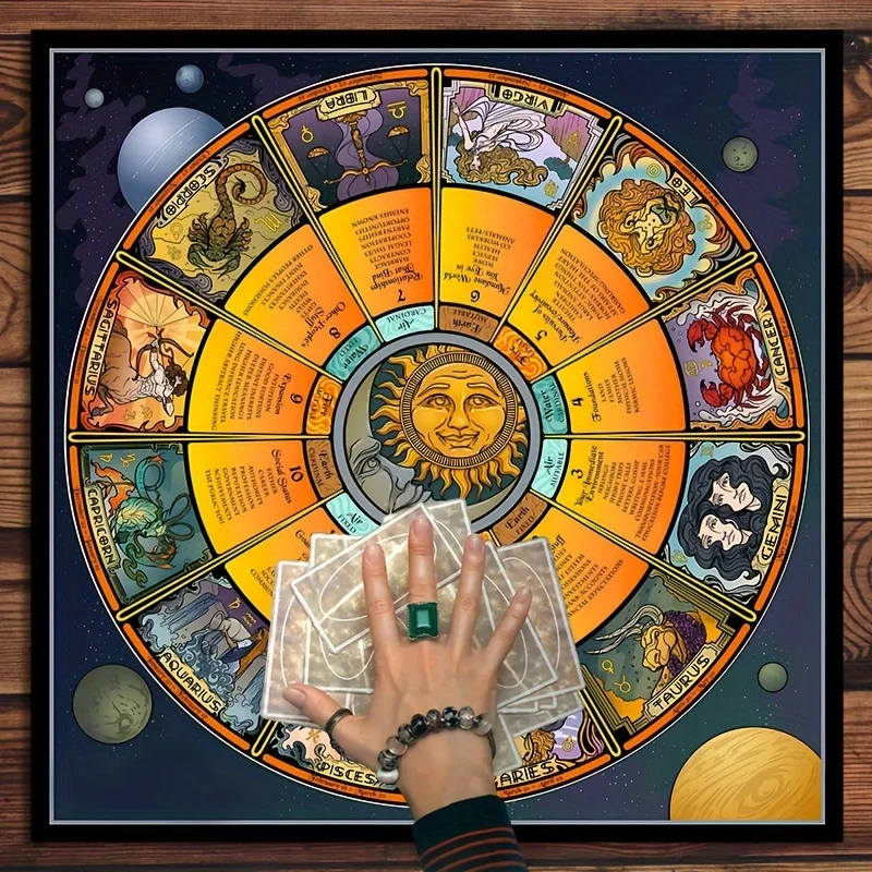 VIKAMA Zodiac Wheel Astrology Tarot Altar Cloth Constellation Divination Mat for Tarot Reading Spiritual Witchcraft Ritual Decor