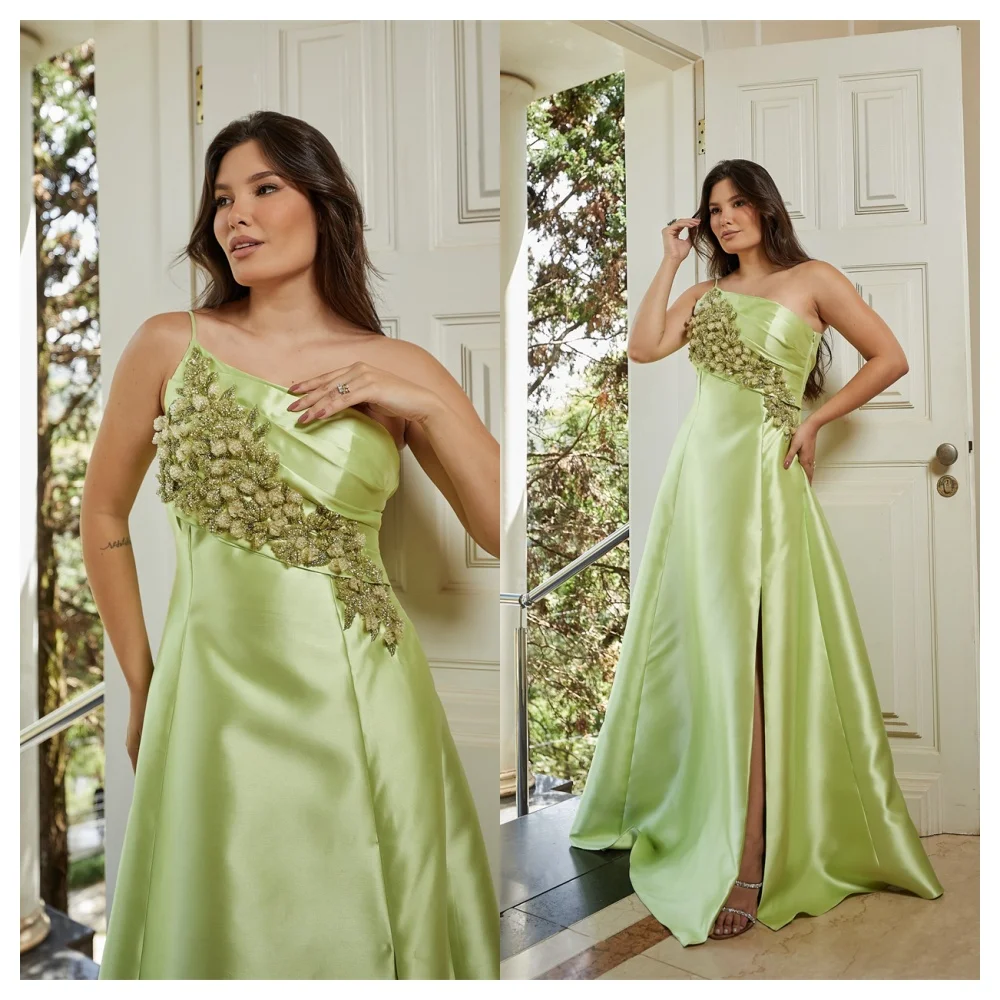 Customized Delicate Green Satin Evening Dress Exquisite One Shoulder Spaghetti Straps Sleeveless Party Dress Soft Cel