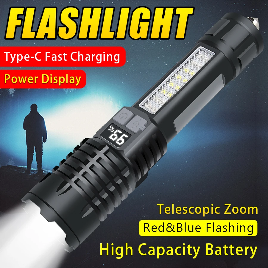 High Power Led Flashlights TYPE-C Rechargeable Camping Torch with Side Light 5 Lighting Modes For Outdoor Camping Adventure