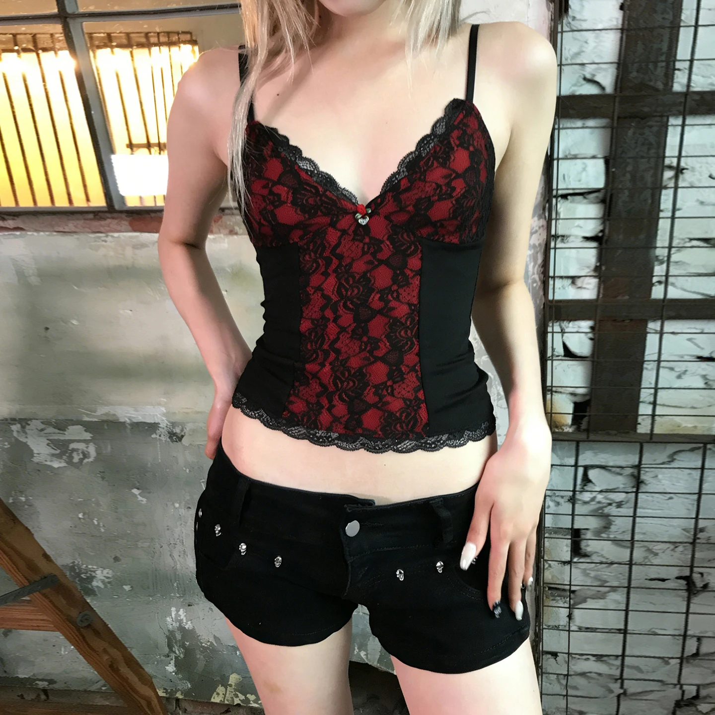 [RUOKE] Sexy Y2K Lace Camisole Women Dark Gothic Slim Corset Top Spaghetti Strap Patchwork Tank Top Club Street Music Festival