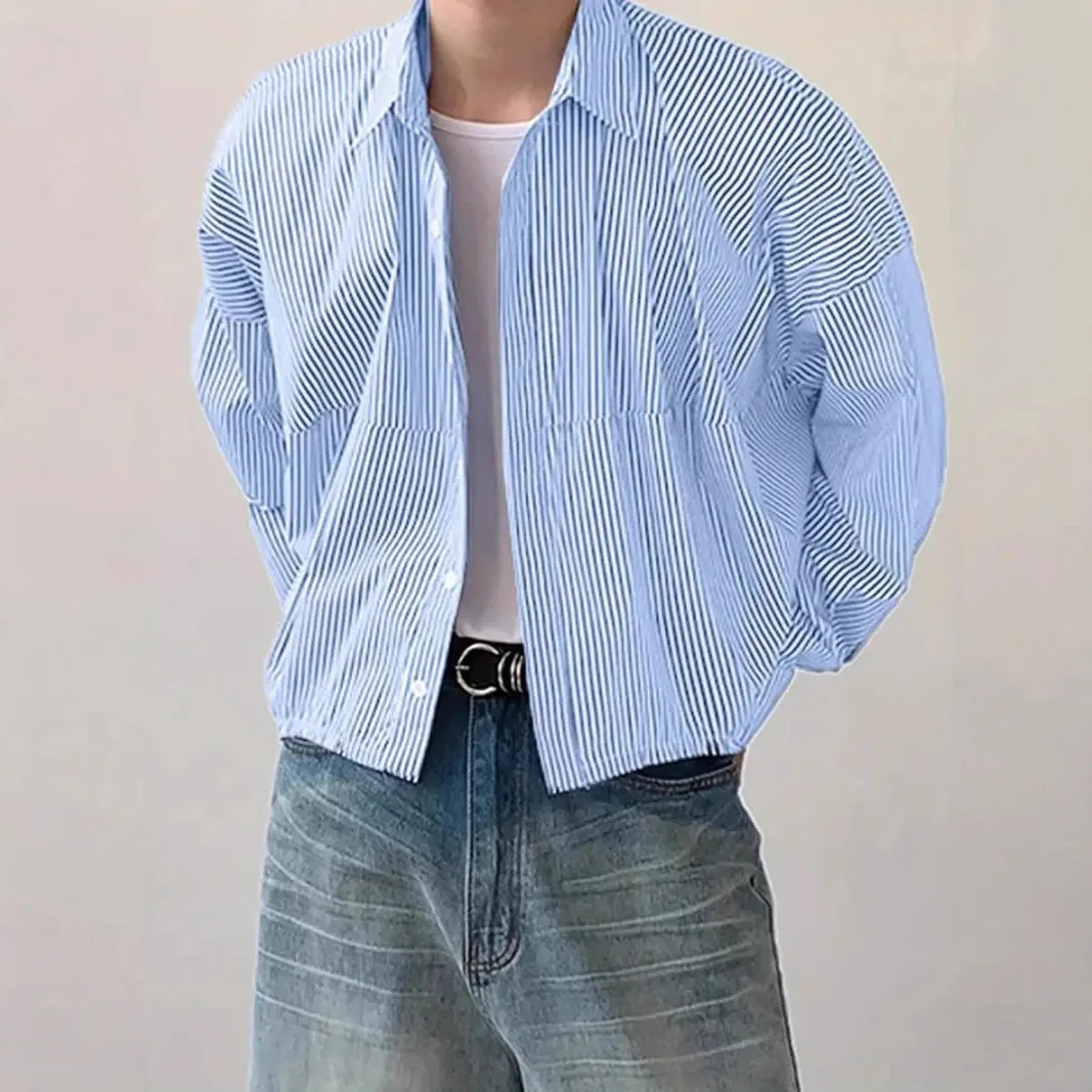 Autumn New Men's Lapel Vertical Striped Loose Long Sleeve Shirt Bottom Shirt