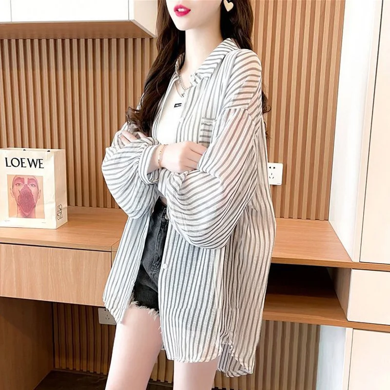 Spring Summer Turn-down Collar Fashion Long Sleeve Shirt Women High Street Casual Loose Button Cardigan Elegant All-match Tops