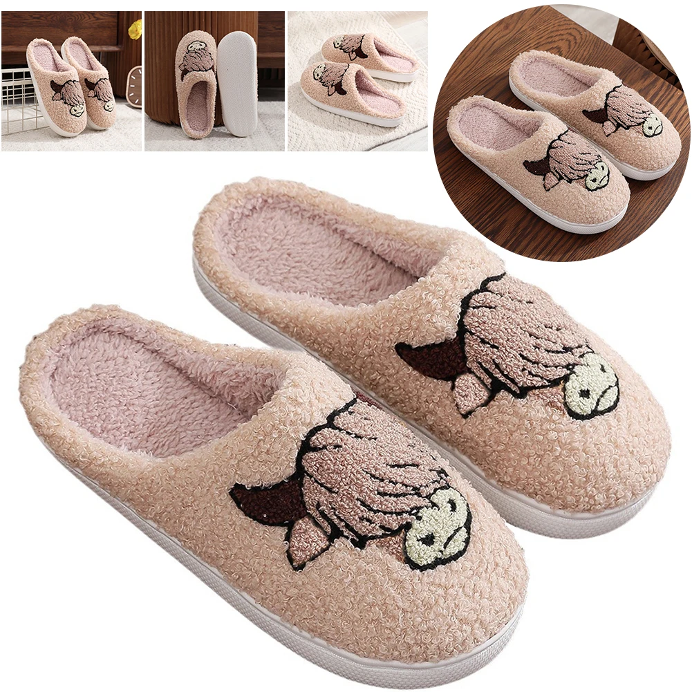 

Winter Slippers Warm Plush Home Slipper Non-Slip Cow Slippers House Flat Floor Soft Slides Cozy Home Breathable Bedroom Slippers