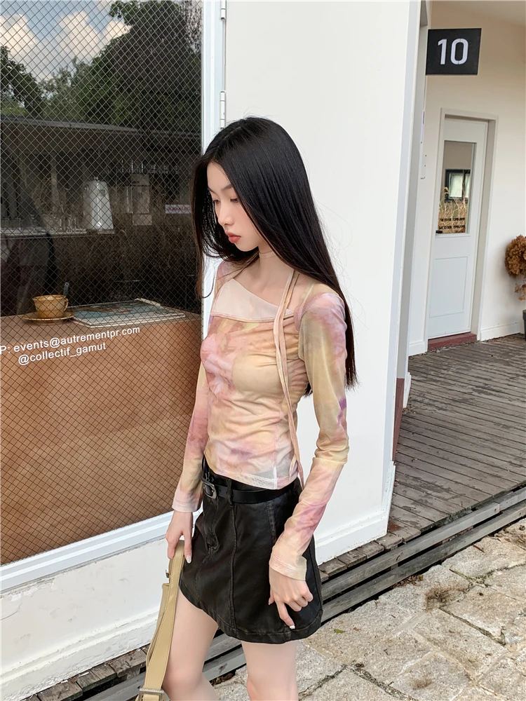Genayooa Vintage Tie Dye T Shirt Women Flare Sleeve Mesh Tops Irregual Y2k Retro Crop Tops Streetwear Japanese 2000s Tshirts