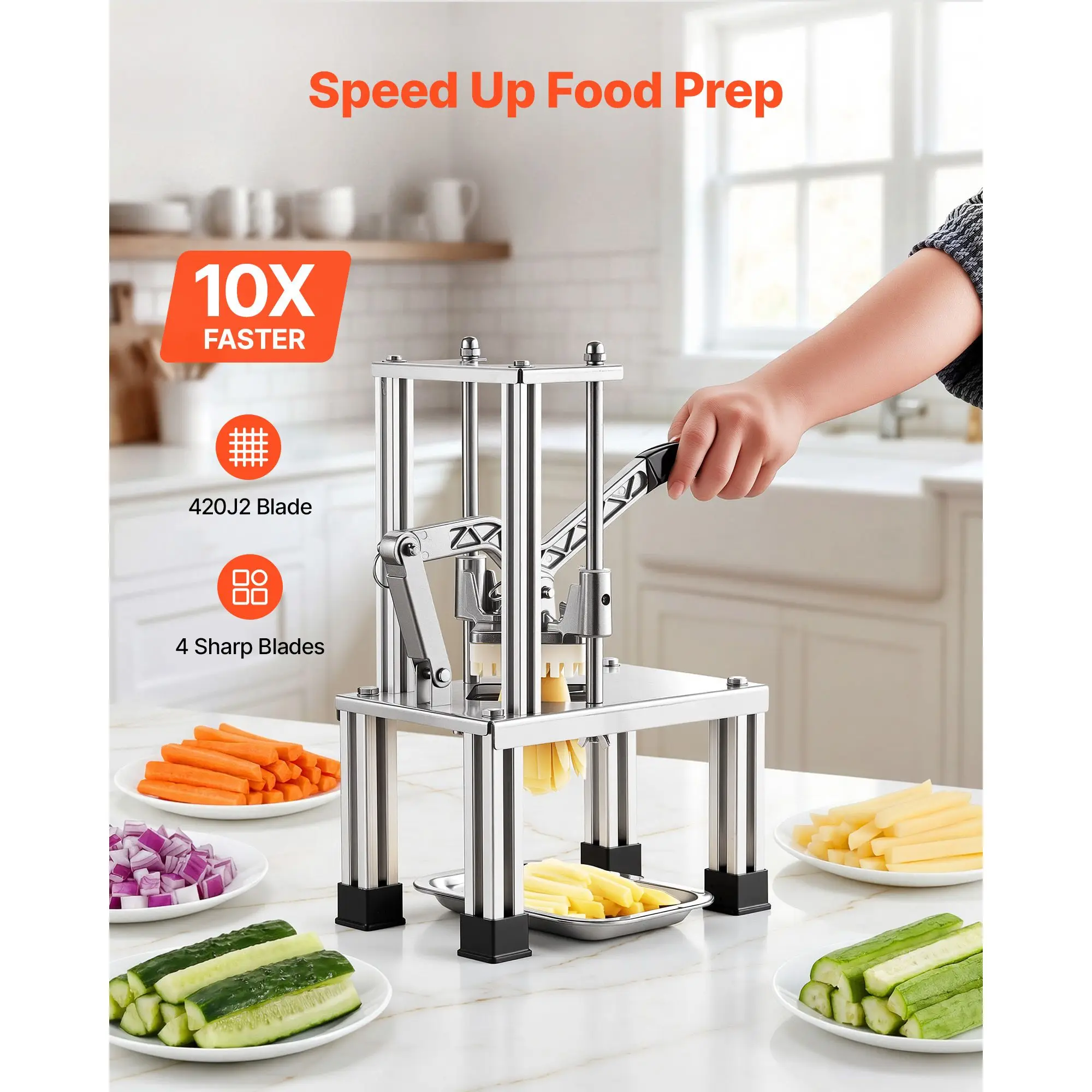 French Fry Cutter, Commercial Vegetable Chopper with 4 Blades (1/4