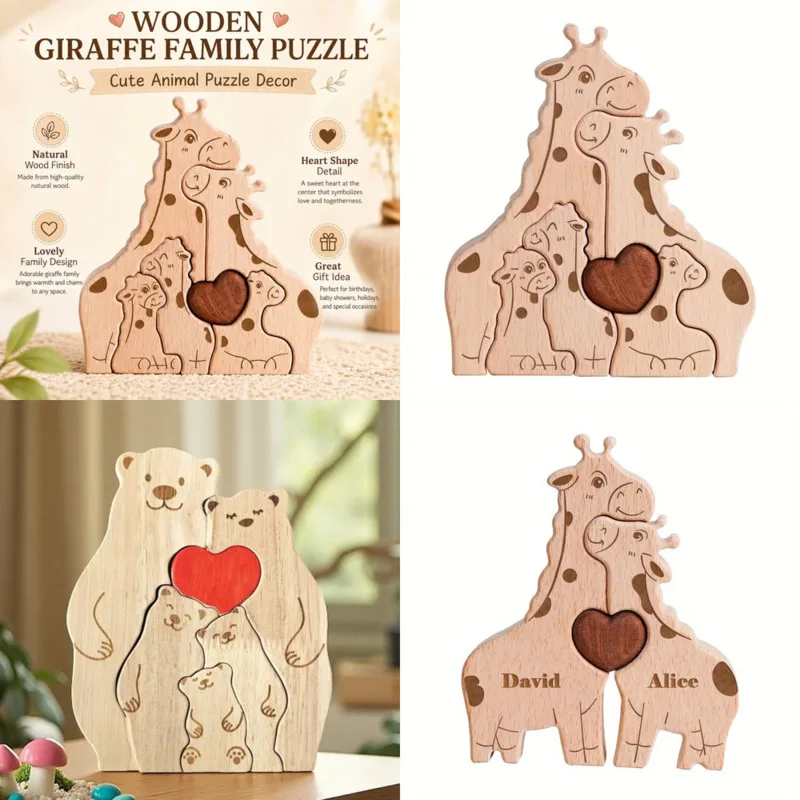 

Bear Family Puzzle DIY Wooden Mother’s Day Custom Name Engraved Building Blocks Cute Wood Dollhouse Decor Home Decoration Gift