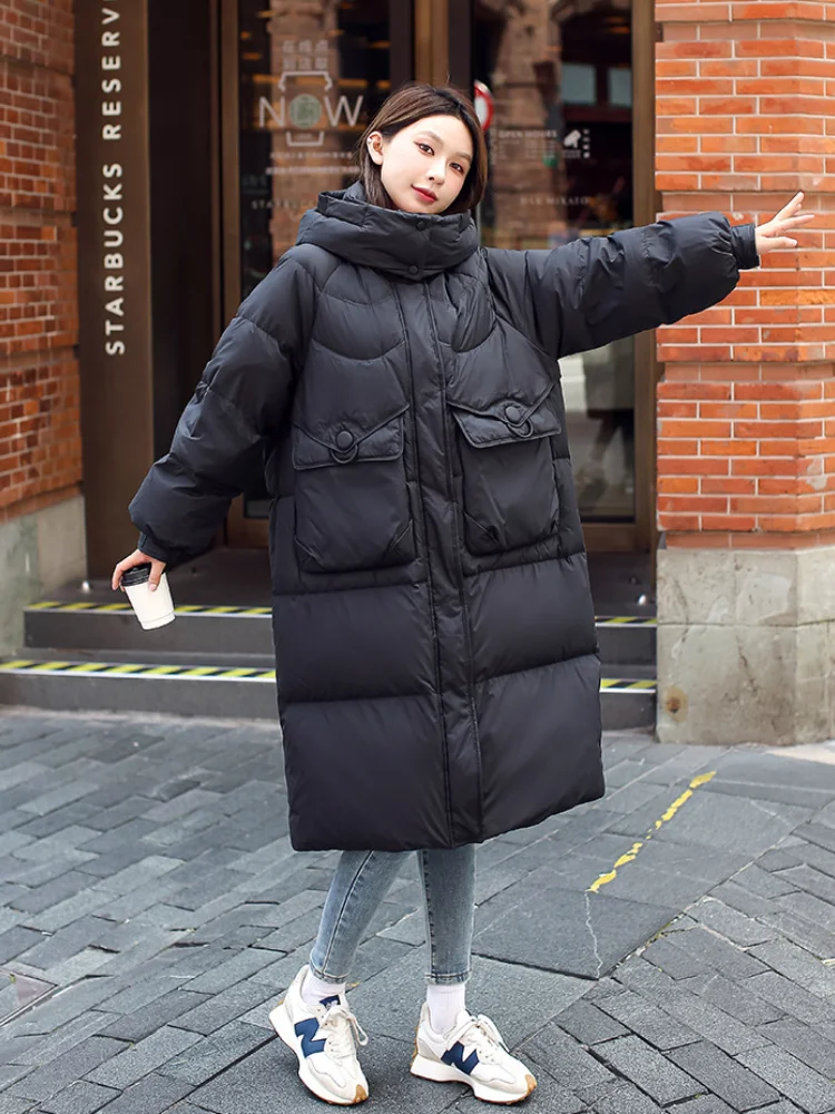 Chaqueta de plumón de pato blanco grueso para mujer, abrigos largos de gran tamaño, chaqueta delgada con capucha y bolsillos grandes, Parka elegante