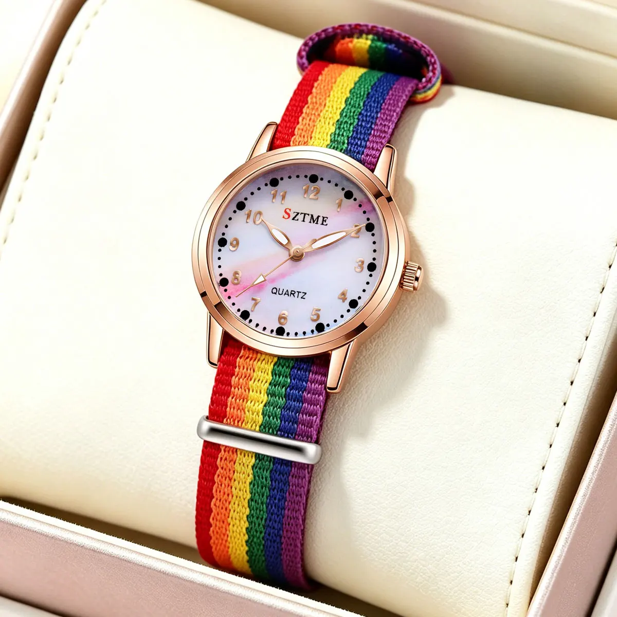 Fashionable Korean Style Women's Watch Rainbow Nylon Strap Arabic Numerals Trendy Versatile Ladies' Wristwatch