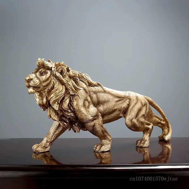 

European Lion Sculpture ornaments, Creative Animal Golden Lion Resin Crafts, Home Living Room TV Cabinet Office Decorations, 1Pc