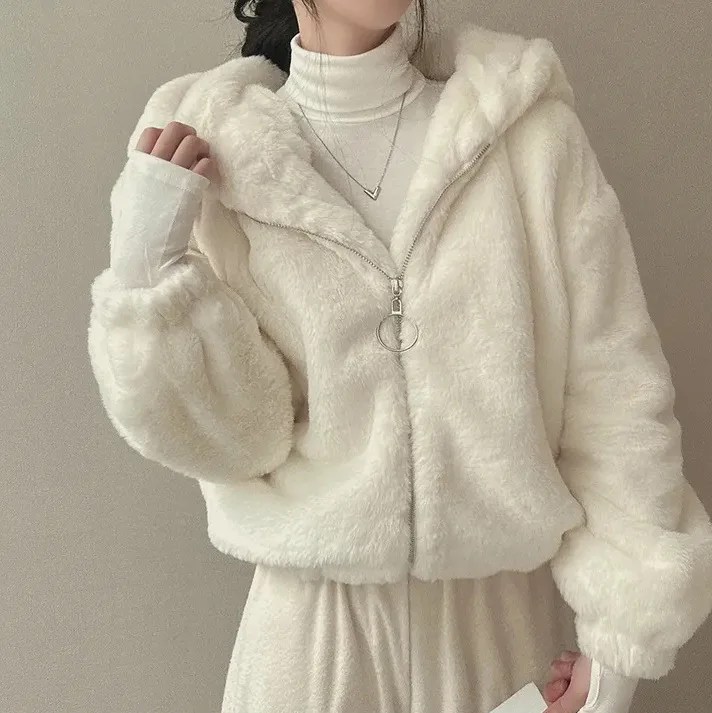 2024 New Korean Fur Coat Luxury Zipper Loose Winter Women Hoodies Over Coat Thicken Warm Plus Size Female Plush Casual Coats