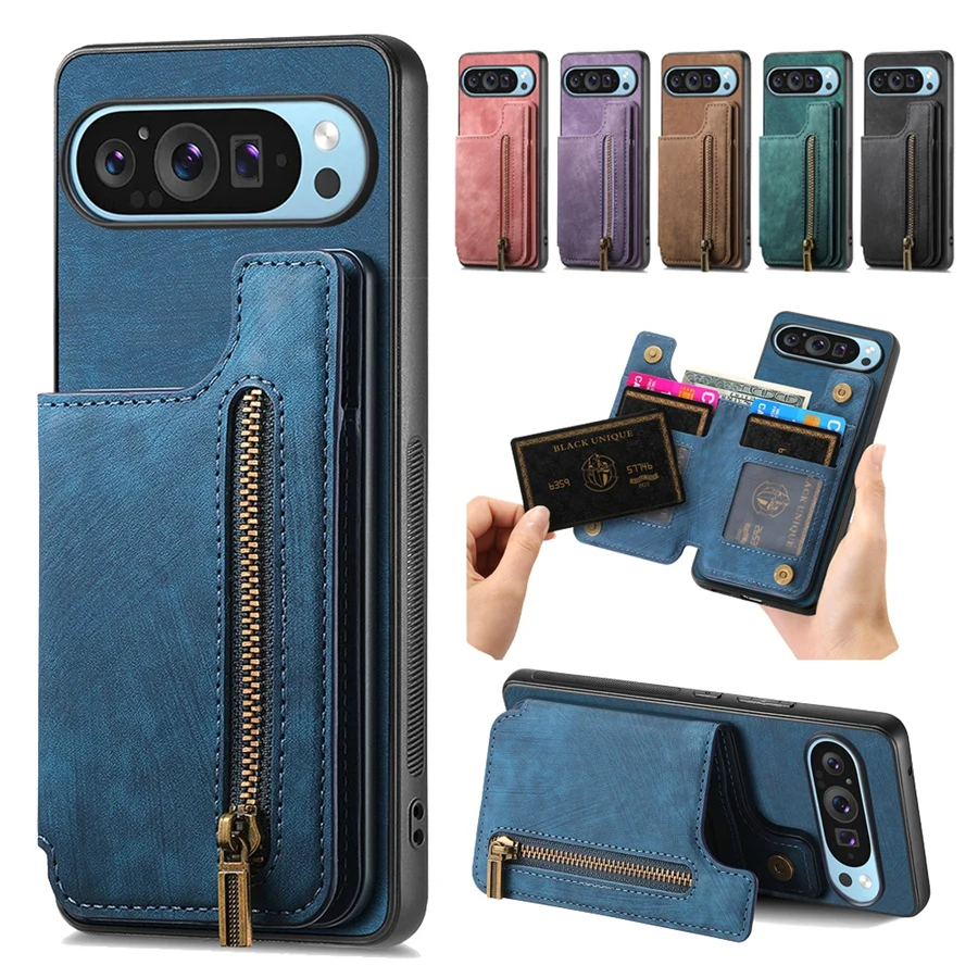 

Card Pocket Zipper Wallet Case for Google Pixel 9 Pro 9 8 7 6 PU Leather Stand Holder Flip Cover for Pixel 8A 7A 6A