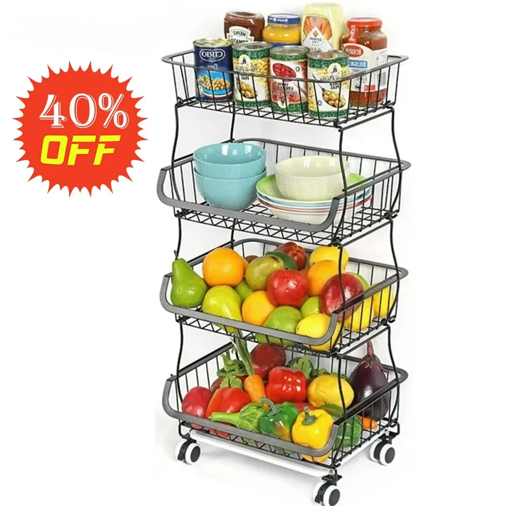 4 Tier Vegetables Rack for Kitchen Storage,Fruit Baskets for Kitchen Wheels Metal Cart 15 in