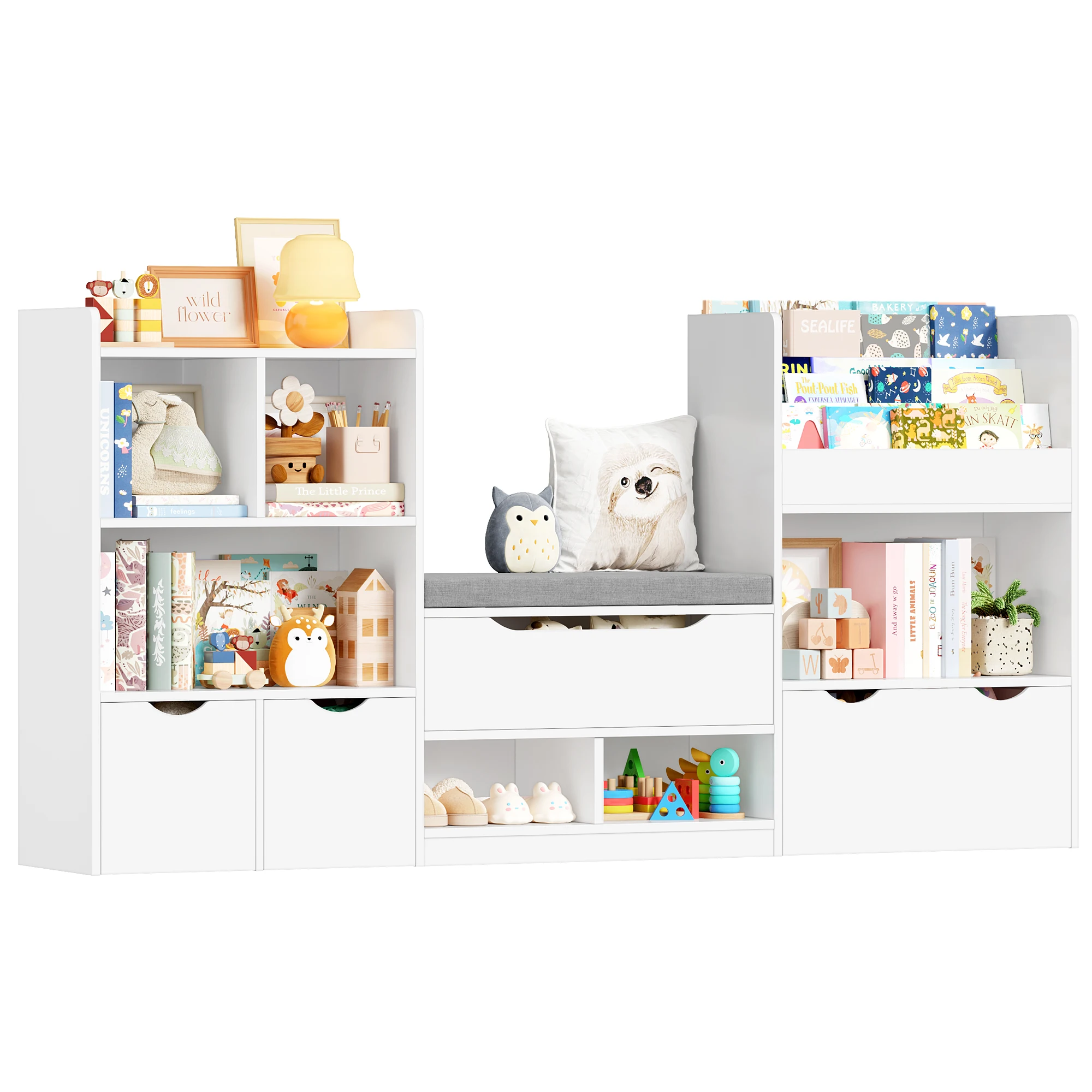 Getone speelgoedopbergkast, kinderboekenkast 183 cm, kinderkamermeubel met bank, kinderplank met 3 laden 183.5X94.5X29.8 cm